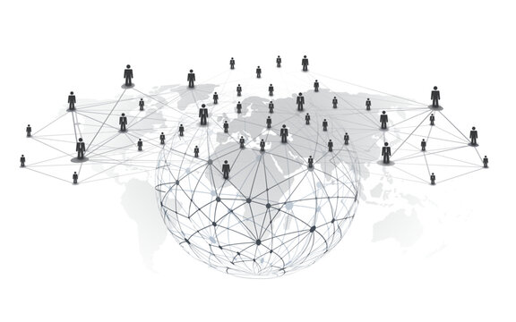 Concept illustration of a global social or business network. Human figure node symbols are interconnected by lines and nodes. World map and globe, symbolizing worldwide collaboration and communication