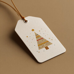 Festive white holiday gift label illustration featuring a  tree topped with a golden star on a soft beige background . made with generative AI