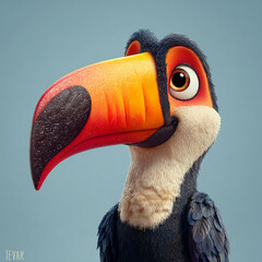 Close-up portrait of a friendly 3D cartoon toucan with a colorful beak, isolated on a light blue background.  made with generative AI