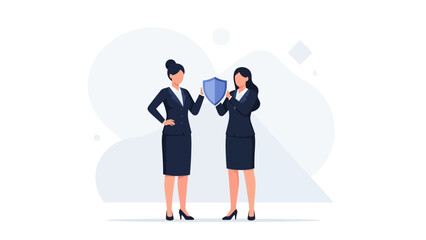 Obraz premium Two businesswomen holding shield for protection and security concept illustration