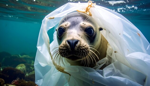 Seal pup entangled in plastic debris, swimming underwater in a marine environment. Concern for ocean pollution