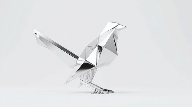 hyper realistic futuristic origami bird made of polished metal panels, sharp geometric lines, minimal white background, innovation and design