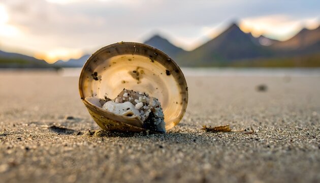 Seashell sits open on sand, mountains in background, sky with sunset coloration, low angle beach view
