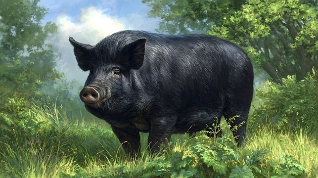 Black domestic pig standing in lush green forest under a cloudy sky, looking directly at the viewer, representing concepts of farm life, nature, and organic farming