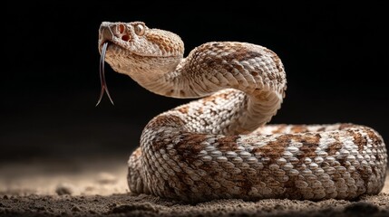 Fototapeta premium Rattlesnake coiled with tongue flicking, and warning against dark background.