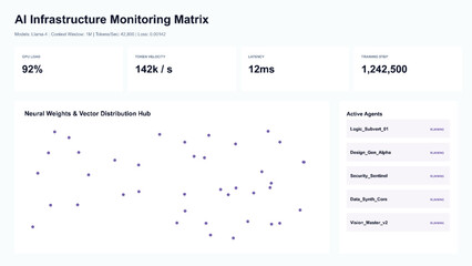 AI Infrastructure Monitoring Matrix Dashboard vector UI template with data points and active agents on white background