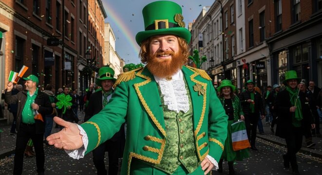 A man dressed in a green suit and hat participates in a St. Patrick's Day parade with a crowd of people in the background.