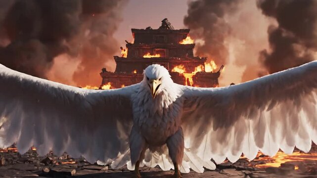 Majestic white eagle over burning ancient temple and apocalyptic destruction