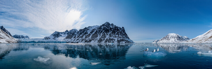 Spitzbergen, Svalbard, Norwegen: Arktische Gebirgslandschaft spiegelt sich im stillen Wasser des Magdalenefjorden mit Treibeis unter strahlend blauem Himmel. © stylefoto24