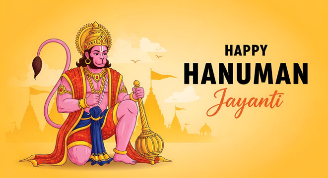 Festive illustration of Lord Hanuman kneeling with golden mace during Hanuman Jayanti celebration for spiritual greeting design religious poster and worship background