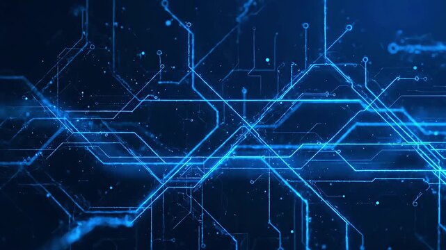 Abstract futuristic blue technology background with glowing digital circuit lines and data particles flowing in cyberspace network