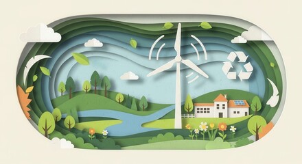 Paper cut layered green landscape scene with houses, river, trees, and a spinning wind turbine. Concept of environmental sustainability, renewable energy, and eco-friendly living.