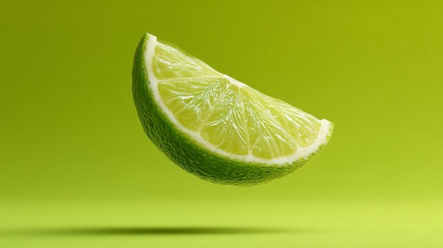 A vibrant wedge of fresh lime floats suspended in the air against a solid, light green background with a subtle shadow.
