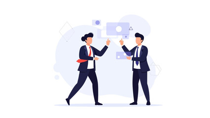 Obraz premium Businessmen discussing, animated flat design, teamwork, ideas sharing, communication concept