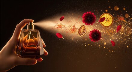 Hand spraying perfume bottle, releasing golden mist, dahlia, orange, saffron. Dark background sparkles with light, conveying luxury aroma.