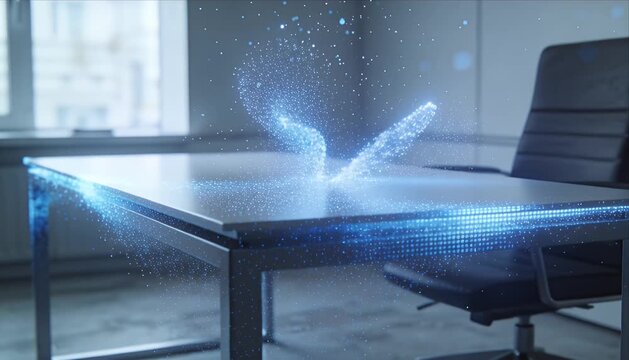 Abstract digital hologram particle office desk chair workspace innovation glow futuristic office meeting room concept minimal clean virtual technology transformation imagination calm atmosphere