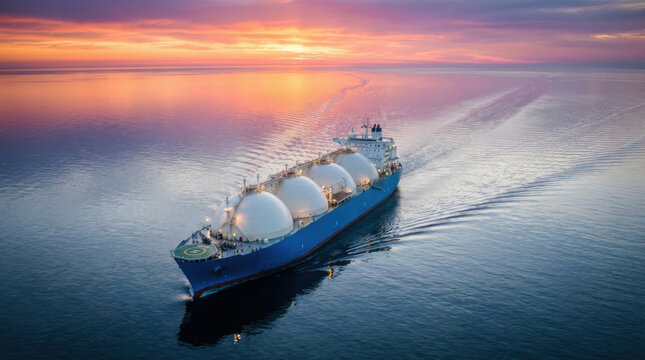 A massive blue LNG carrier ship sails across the calm ocean during a beautiful sunset. Its spherical tanks reflect the vibrant sky, leaving a distinct wake.