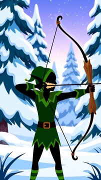 Robin Hood Aiming Bow in Snowy Forest.