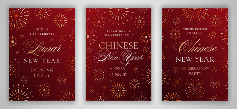 Elegant Lunar Chinese New Year party celebration invitation set with firework line art pattern. East Asian style cards on the traditiona colored red gold background. EPS 10 vector illustration.