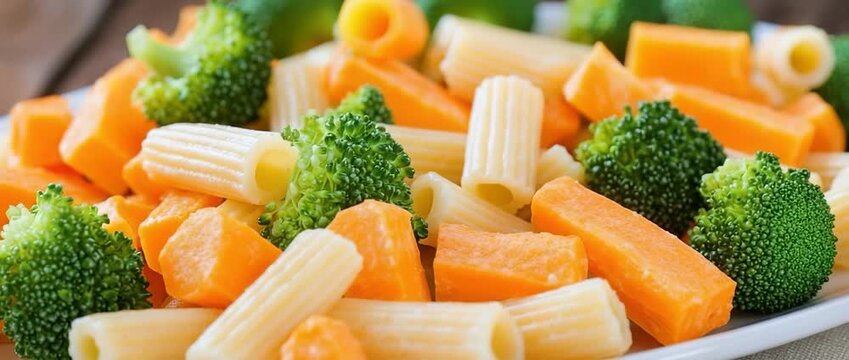 Cooked pasta with bright orange carrots and green broccoli florets on  white plate