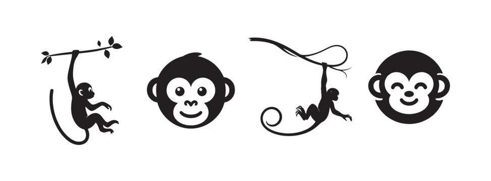 Cute monkey illustrations: swinging on a branch, playful faces, jungle fun, vector icons