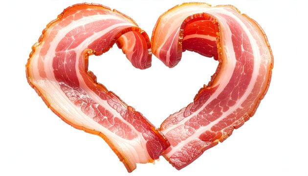 Two bacon strips, marbled with fat and meat, intertwined to form a heart shape, isolated on white
