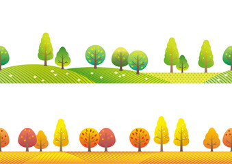 Seamless Vector Spring And Autumn Landscape Illustration Isolated On A White Background. Horizontally Repeatable.