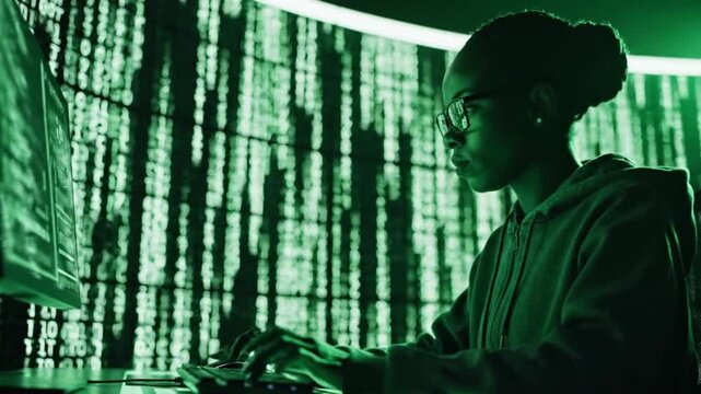 A developer wearing a hoodie in a dark room with a "Matrix" style rain of code in the background.