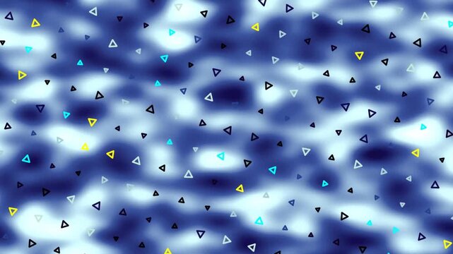 Abstract digital background featuring a dynamic pattern of small, colorful triangles scattered across a wavy blue and white gradient texture.