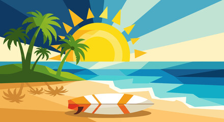 Obraz premium Tropical Beach Sunrise with Palm Trees and Surfboard