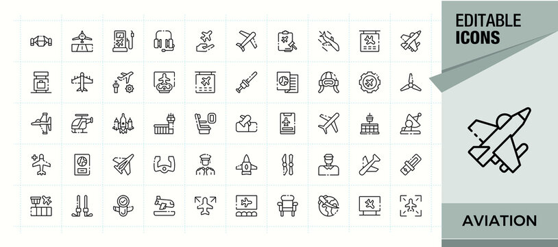 Aviation vector line icon set. Minimal linear icons. Contains such icons as flight, transportation, air bus, transport, air. Editable stroke. Pixel Perfect. Air icon set.