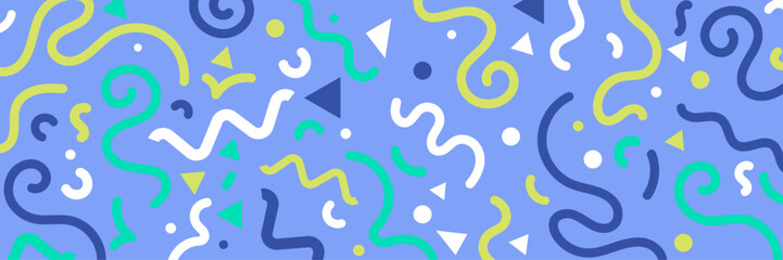 Abstract vector background featuring colorful confetti, curved lines and geometric shapes arranged as a repeating pattern on a blue background. Flat design suitable for decorative graphic layouts.