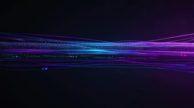 This captivating abstract image features strands of purple and blue neon light flowing horizontally across a pitch-black background.