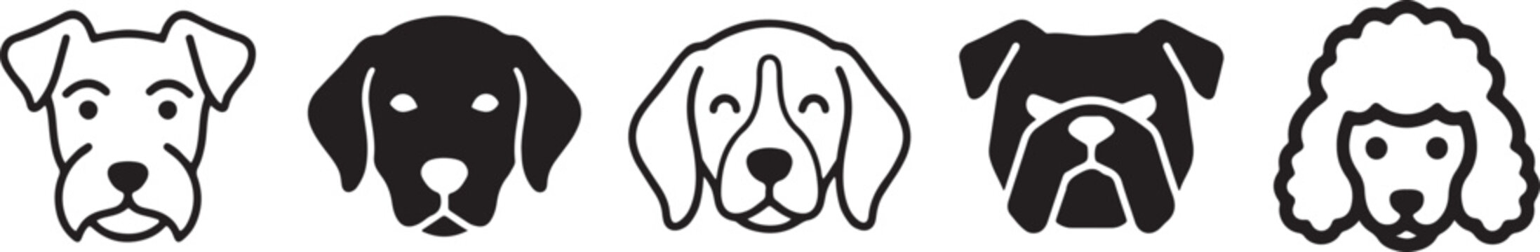 A collection of five different cartoon dog faces in a minimalist pixel art style on a white background.