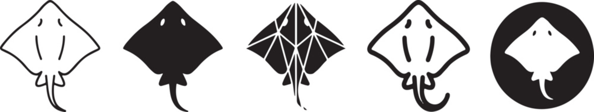 A collection of five stylized black and white icons depicting different designs of a stingray or manta ray