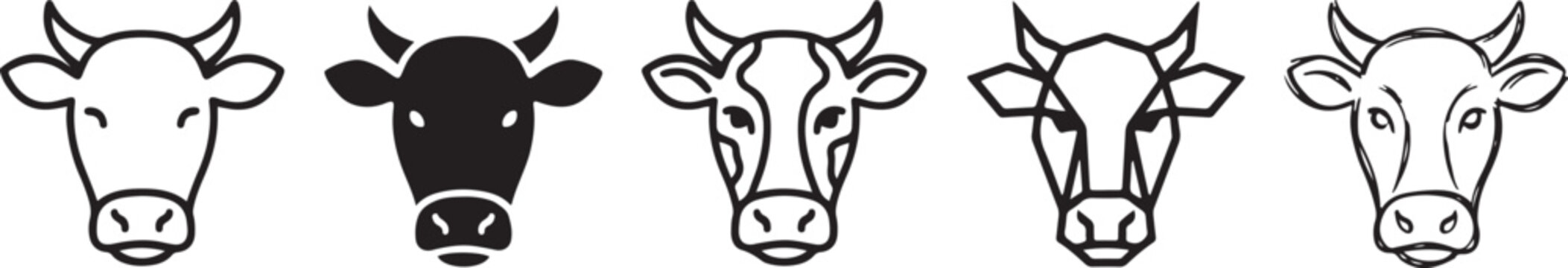 Five minimalist black and white illustrations of cow heads in a horizontal line, showcasing various design styles.