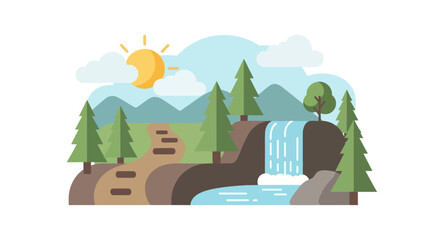 Obraz premium Vibrant Flat Design Landscape with Waterfall, Trees, and Sun
