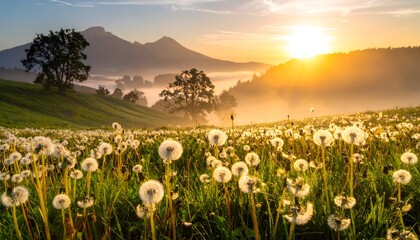 Sunny landscape view with dandelions in field, misty hills and mountains in the background at sunrise