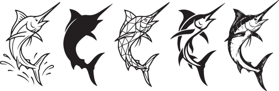 A set of five graphic black and white marlin icons in various artistic styles, including silhouette and line art.