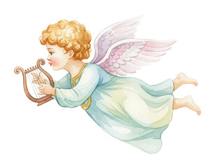 Fototapeta premium Flying Angel Child with Golden Curly Hair Playing Harp in a Serene and Peaceful Watercolor Painting