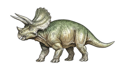 Fototapeta premium Powerful Triceratops dinosaur standing with detailed skin texture horns and frill viewed from the side in a realistic illustration style