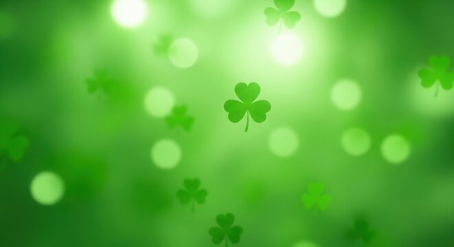 A vibrant green background with floating four-leaf clovers and bright lights