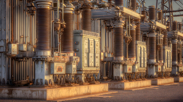 Industrial electrical transformers aligned in a power substation with soft evening lights in the background.