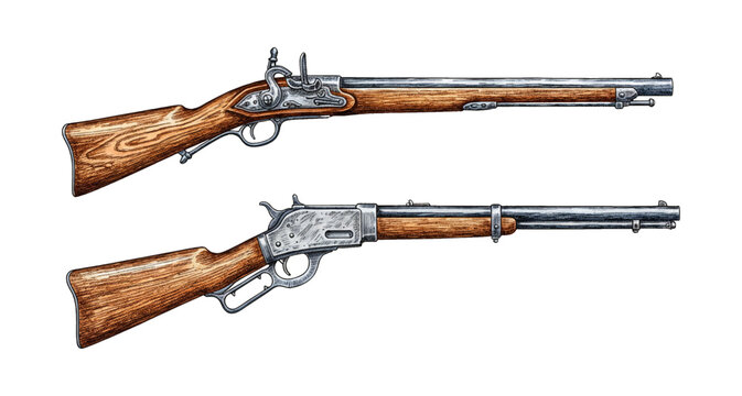 Two vintage detailed rifles an antique musket and a classic lever action weapon illustration