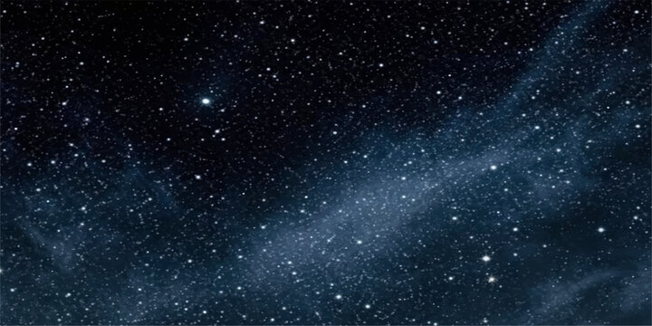 An abstract blue space background features a deep cosmic nebula and a starry dark galaxy illustration within the vast outer universe of the night sky