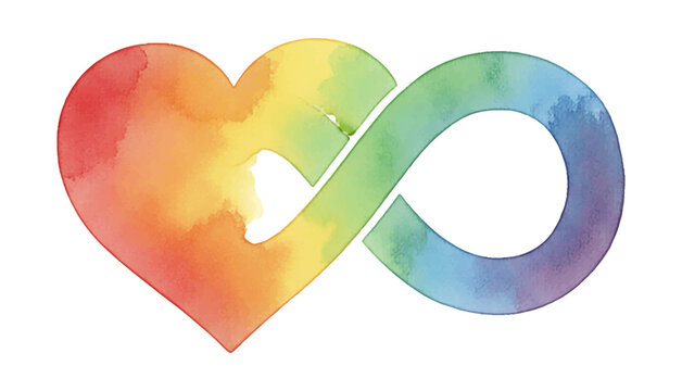 Rainbow watercolor heart and infinity symbol representing love neurodiversity and inclusion