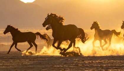 Fototapeta premium Wild horses galloping freely at sunset, creating a stunning silhouette.