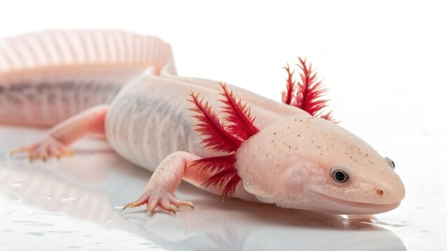Photorealistic studio portrait of a rare Olm (Proteus anguinus) blind cave salamander isolated on a clean white background.