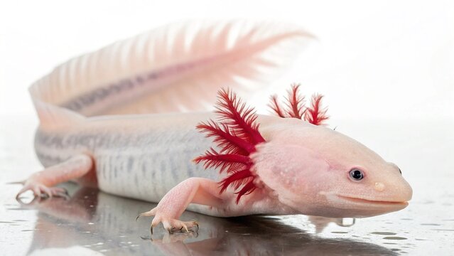 Photorealistic studio portrait of a rare Olm (Proteus anguinus) blind cave salamander isolated on a clean white background.