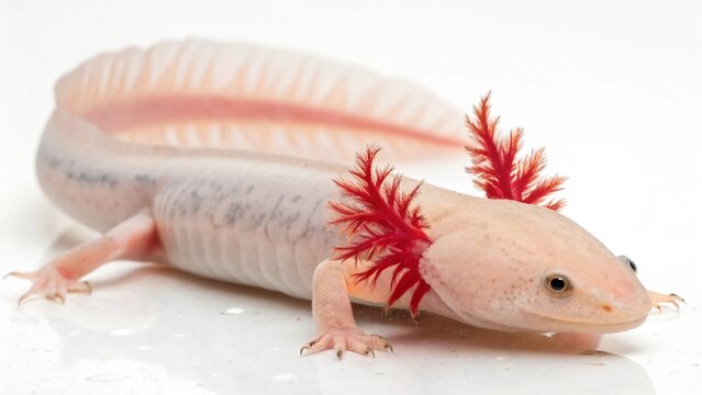 Photorealistic studio portrait of a rare Olm (Proteus anguinus) blind cave salamander isolated on a clean white background.
